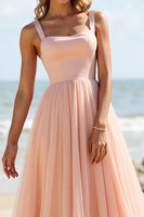 Load image into Gallery viewer, Blush Tulle A Line Spaghetti Straps Maxi Bridesmaid Dress