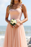 Load image into Gallery viewer, Blush Tulle A Line Spaghetti Straps Maxi Bridesmaid Dress