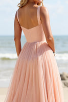 Load image into Gallery viewer, Blush Tulle A Line Spaghetti Straps Maxi Bridesmaid Dress