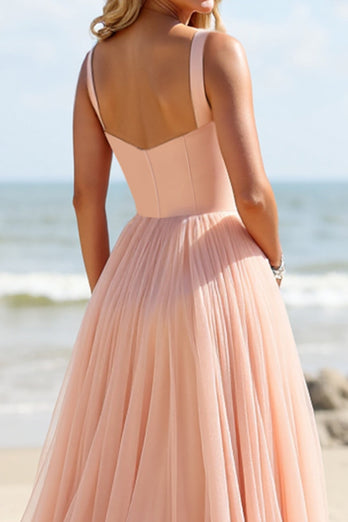Blush Tulle A Line Spaghetti Straps Maxi Bridesmaid Dress