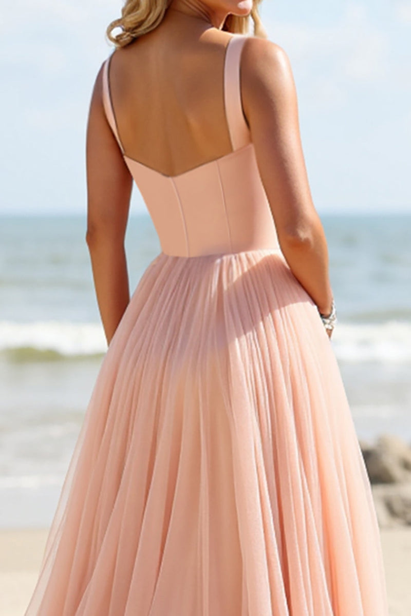 Load image into Gallery viewer, Blush Tulle A Line Spaghetti Straps Maxi Bridesmaid Dress