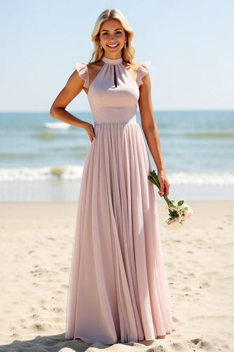 Candy Pink A Line Keyhole Maxi Bridesmaid Dress