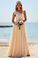 Load image into Gallery viewer, Apricot Tulle One Shoulder A Line Maxi Bridesmaid Dress