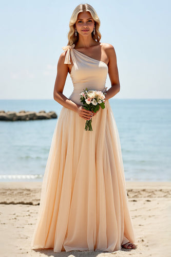 Apricot Tulle One Shoulder A Line Maxi Bridesmaid Dress