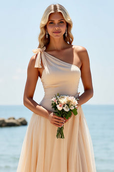 Apricot Tulle One Shoulder A Line Maxi Bridesmaid Dress