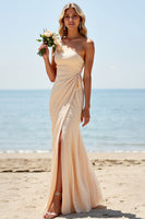 Load image into Gallery viewer, Apricot Sheath One Shoulder Ruched Maxi Bridesmaid Dress with Slit