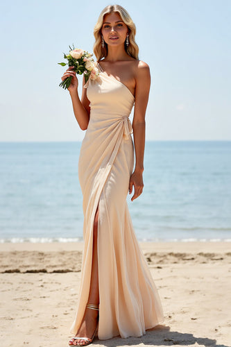 Apricot Sheath One Shoulder Ruched Maxi Bridesmaid Dress with Slit