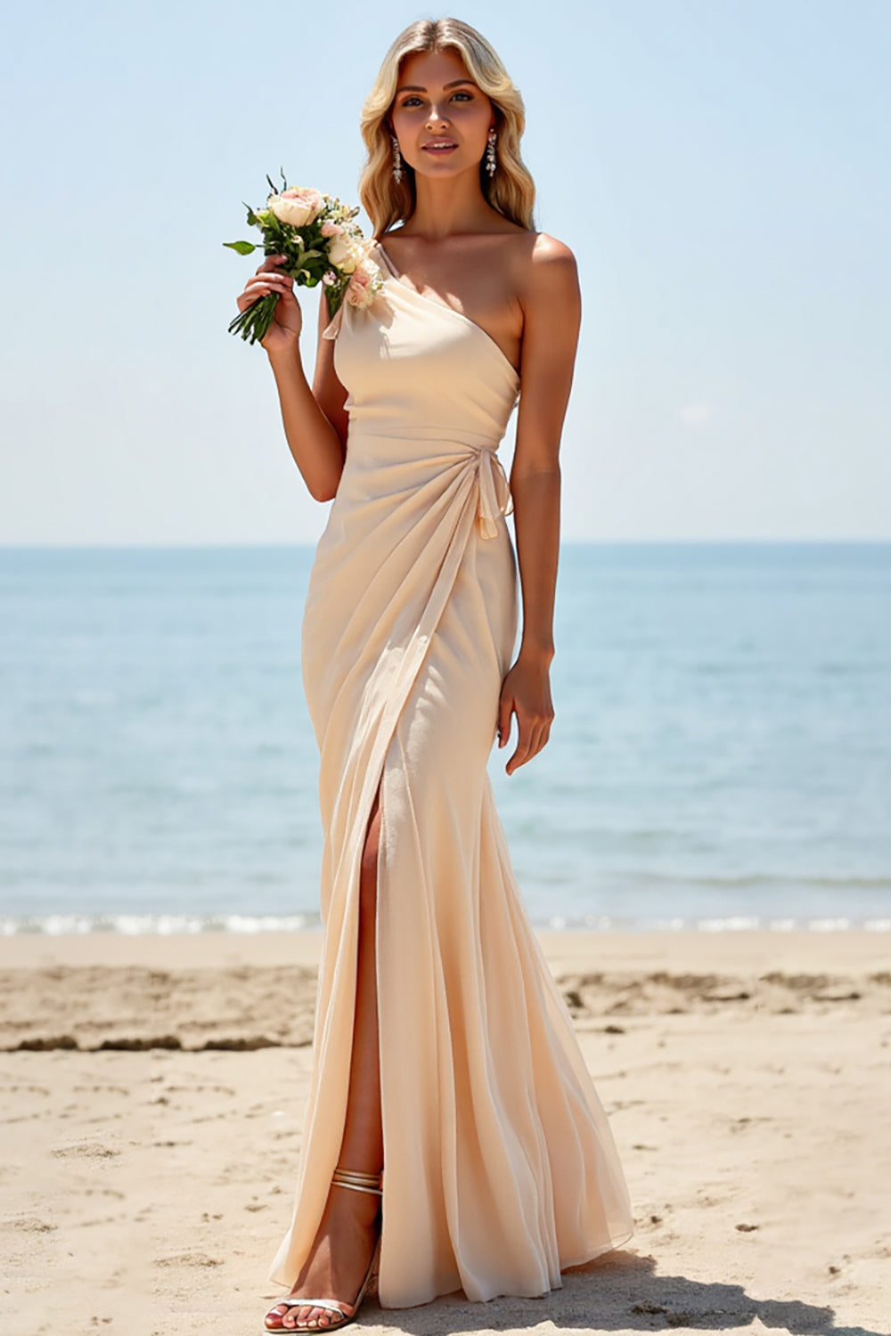 Apricot Sheath One Shoulder Ruched Maxi Bridesmaid Dress with Slit