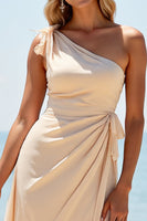 Load image into Gallery viewer, Apricot Sheath One Shoulder Ruched Maxi Bridesmaid Dress with Slit