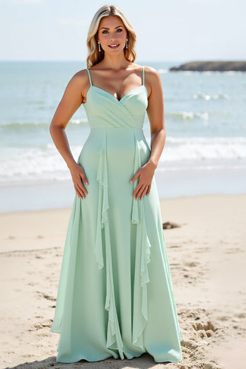 Mint Green Chiffon A Line Maxi Bridesmaid Dress with Ruffles