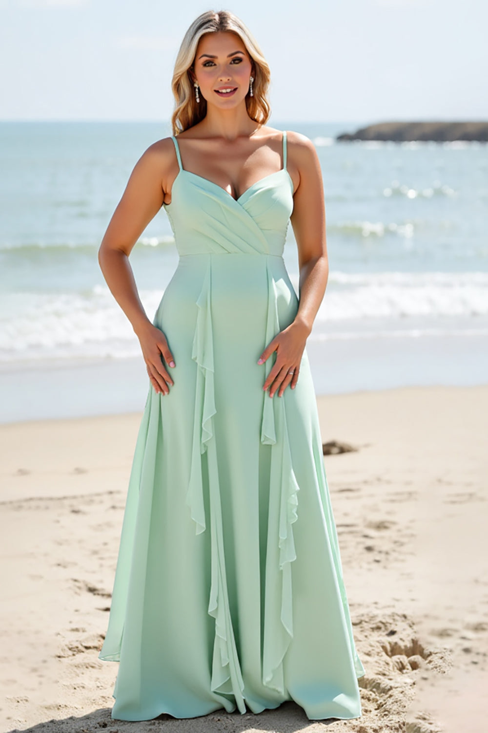 Mint Green Chiffon A Line Maxi Bridesmaid Dress with Ruffles