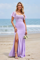 Load image into Gallery viewer, Lilac Chiffon Flutter Sleeves Sheath Maxi Bridesmaid Dress with Slit