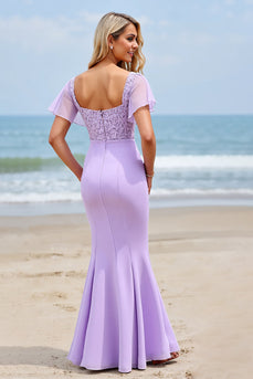 Lilac Chiffon Flutter Sleeves Sheath Maxi Bridesmaid Dress with Slit