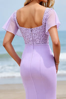 Load image into Gallery viewer, Lilac Chiffon Flutter Sleeves Sheath Maxi Bridesmaid Dress with Slit