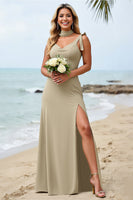 Load image into Gallery viewer, Olive Sheath Satin Spaghetti Straps Maxi Bridesmaid Dress with Slit
