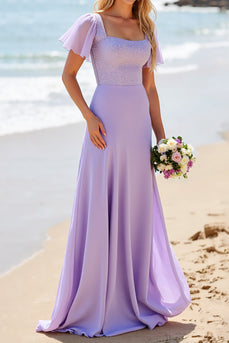 Lilac Satin A Line Maxi Bridesmaid Dress with Beading