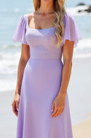 Load image into Gallery viewer, Lilac Satin A Line Maxi Bridesmaid Dress with Beading