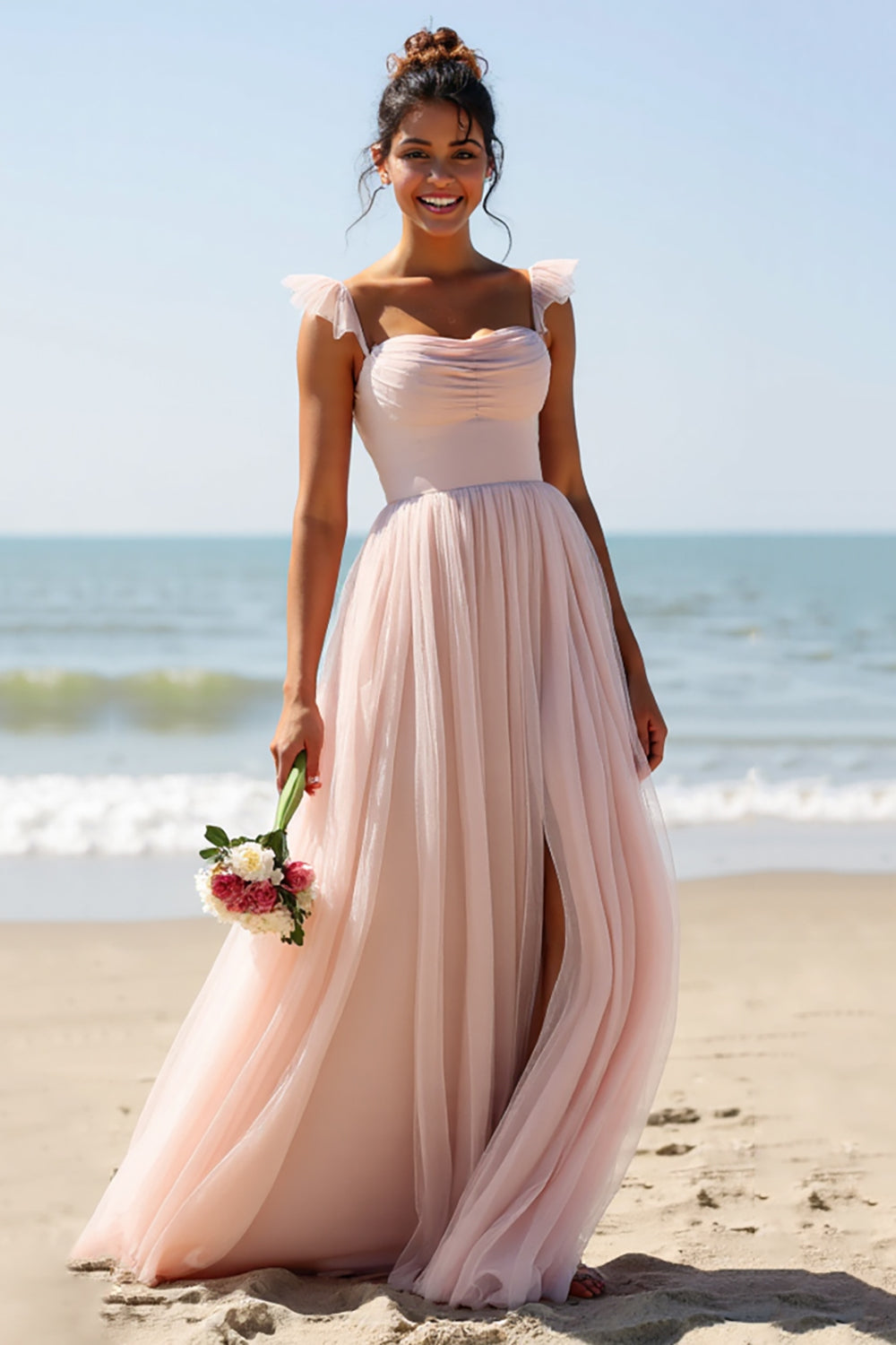 Candy Pink A Line Pleated Maxi Bridesmaid Dress with Slit