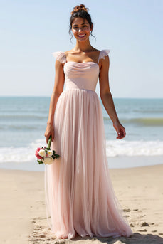 Candy Pink A Line Pleated Maxi Bridesmaid Dress with Slit