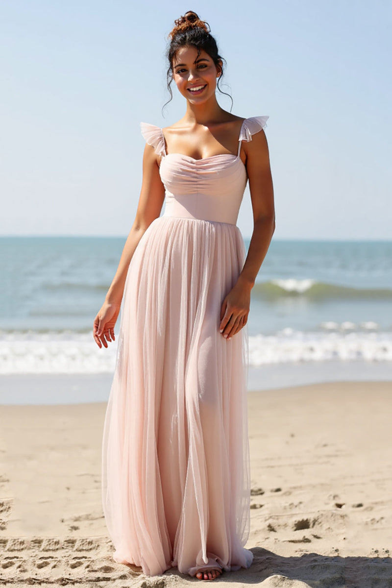Load image into Gallery viewer, Candy Pink A Line Pleated Maxi Bridesmaid Dress with Slit