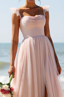 Load image into Gallery viewer, Candy Pink A Line Pleated Maxi Bridesmaid Dress with Slit