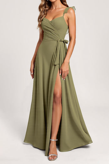 Olive A Line Chiffon Ruffled Maxi Bridesmaid Dress with Slit