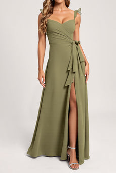 Olive A Line Chiffon Ruffled Maxi Bridesmaid Dress with Slit