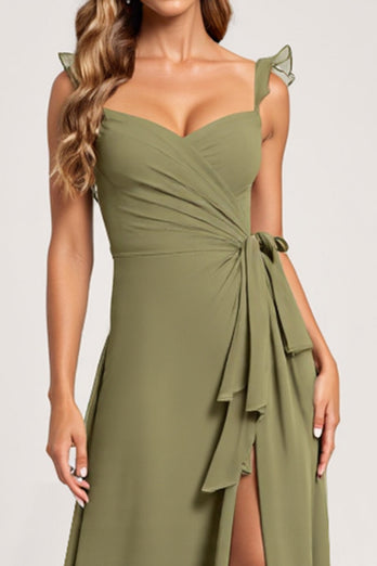 Olive A Line Chiffon Ruffled Maxi Bridesmaid Dress with Slit