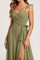 Load image into Gallery viewer, Olive A Line Chiffon Ruffled Maxi Bridesmaid Dress with Slit