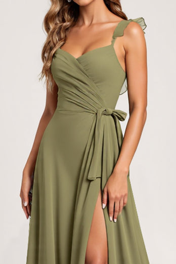 Olive A Line Chiffon Ruffled Maxi Bridesmaid Dress with Slit