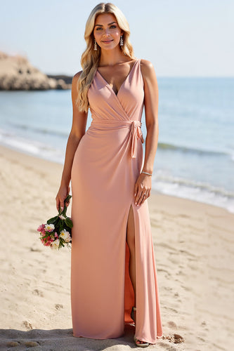 Blush Satin Sheath V-Neck Maxi Bridesmaid Dress with Slit