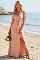 Load image into Gallery viewer, Blush Satin Sheath V-Neck Maxi Bridesmaid Dress with Slit
