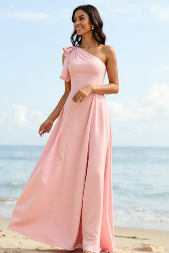 Blush One Shoulder Boho Maxi Bridesmaid Dress with Ruffles