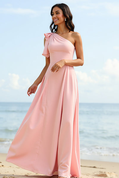 Blush One Shoulder Boho Maxi Bridesmaid Dress with Ruffles