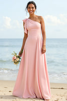 Load image into Gallery viewer, Blush One Shoulder Boho Maxi Bridesmaid Dress with Ruffles