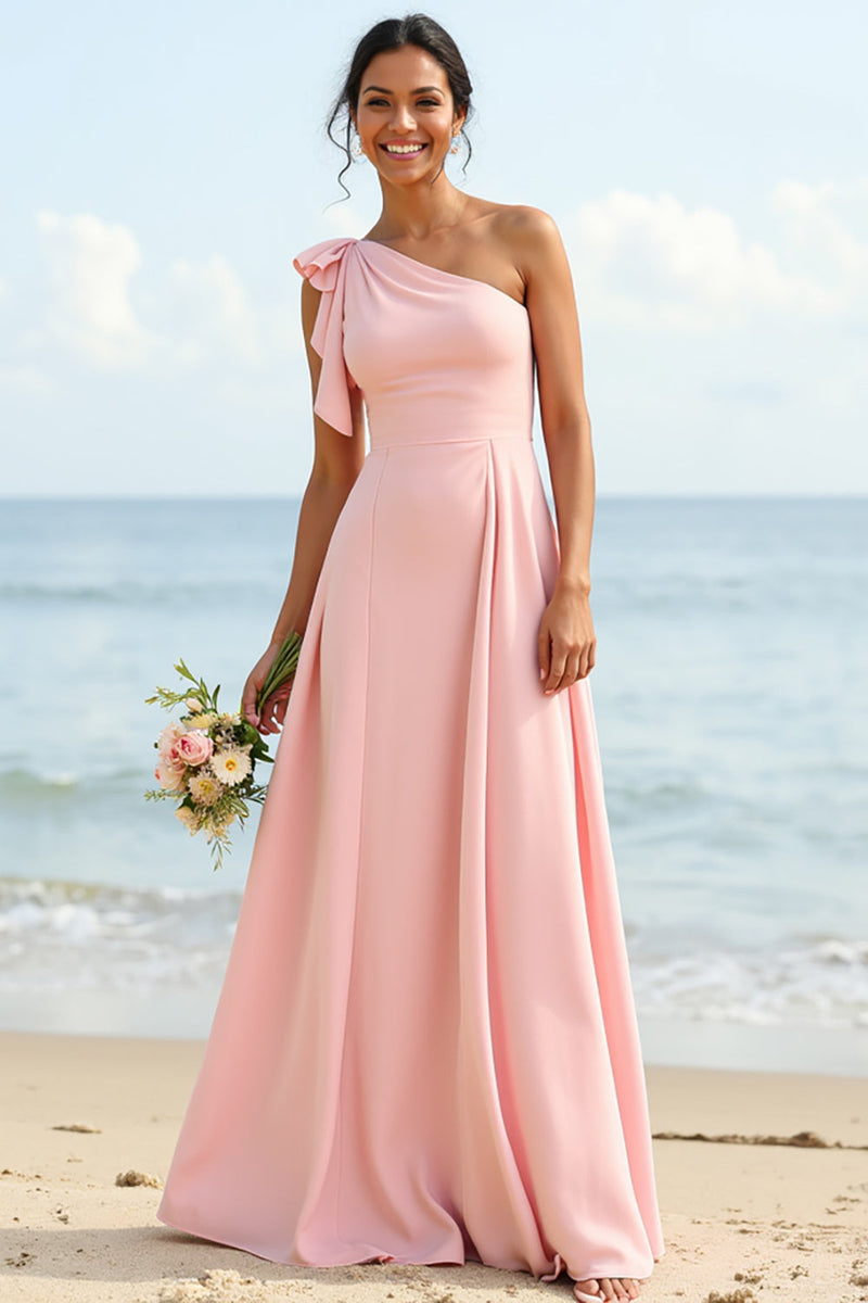 Load image into Gallery viewer, Blush One Shoulder Boho Maxi Bridesmaid Dress with Ruffles
