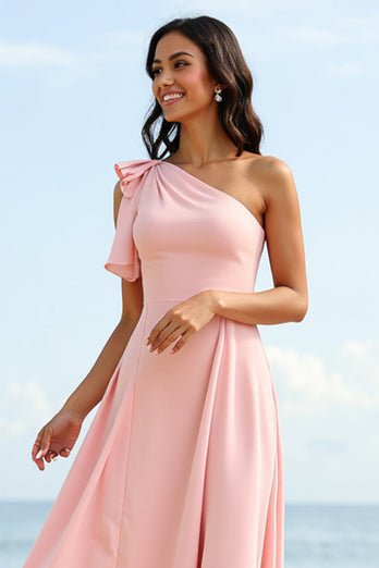 Blush One Shoulder Boho Maxi Bridesmaid Dress with Ruffles