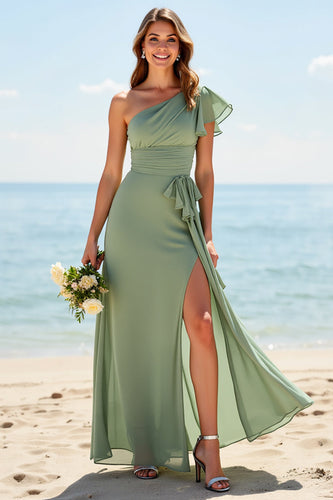 Dusty Sage Sheath Chiffon Boho Maxi Bridesmaid Dress with Slit