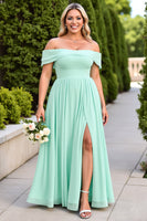 Load image into Gallery viewer, Mint Green A-Line Chiffon Plus Size Maxi Bridesmaid Dress with Slit