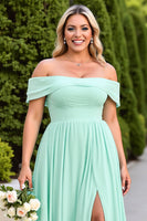 Load image into Gallery viewer, Mint Green A-Line Chiffon Plus Size Maxi Bridesmaid Dress with Slit