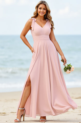 Candy Pink Chiffon V-Neck Boho Maxi Bridesmaid Dress with Slit