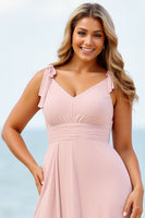 Load image into Gallery viewer, Candy Pink Chiffon V-Neck Boho Maxi Bridesmaid Dress with Slit