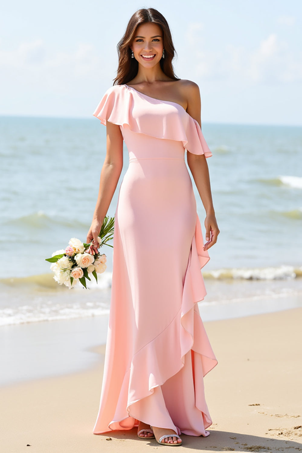 Candy Pink Sheath Boho Maxi Bridesmaid Dress with Ruffles