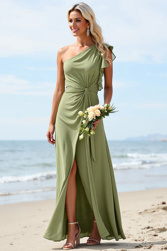 Sheath Chiffon Dusty Sage Boho Maxi Rufffled Bridesmaid Dress with Slit