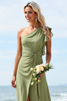 Load image into Gallery viewer, Sheath Chiffon Dusty Sage Boho Maxi Rufffled Bridesmaid Dress with Slit