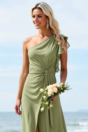 Sheath Chiffon Dusty Sage Boho Maxi Rufffled Bridesmaid Dress with Slit