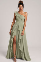 Load image into Gallery viewer, A Line Chiffon Ruffled Dusty Sage Maxi Bridesmaid Dress with Slit