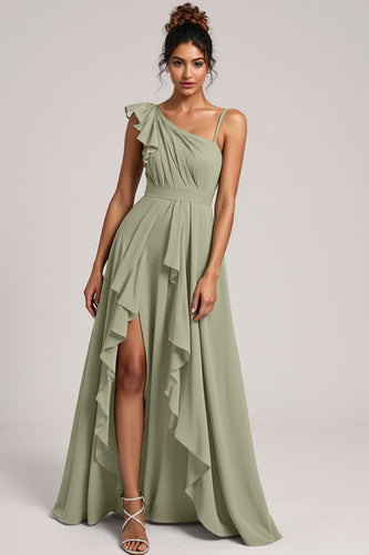 A Line Chiffon Ruffled Dusty Sage Maxi Bridesmaid Dress with Slit