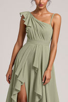 Load image into Gallery viewer, A Line Chiffon Ruffled Dusty Sage Maxi Bridesmaid Dress with Slit
