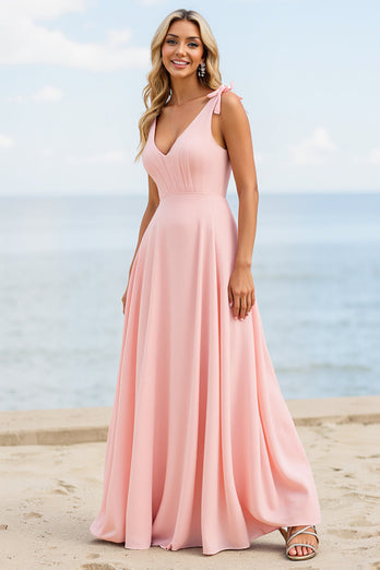 Candy Pink Boho Maxi Bridesmaid Dress with Bows
